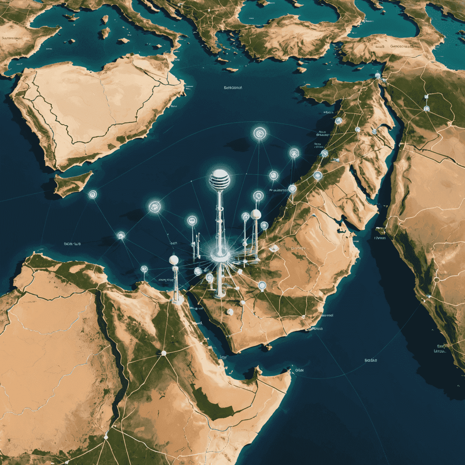 صورة توضيحية لشبكة الجيل الخامس 5G في الإمارات، تظهر أبراج الاتصالات وخريطة تغطية الشبكة في مختلف إمارات الدولة